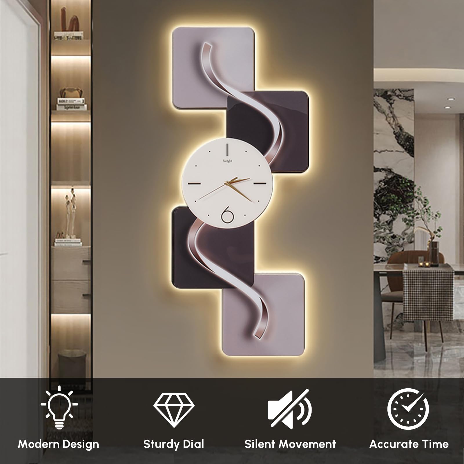 Reloj de pared, silencioso, sin tictac, diseño abstracto moderno con luz LED, ideal para decoración de sala de estar
