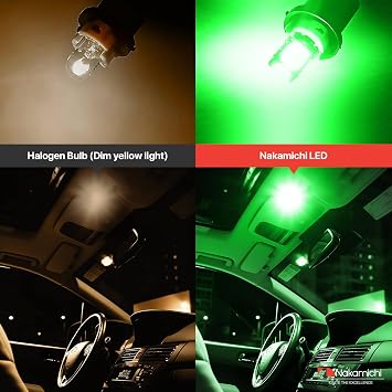 Nakamichi BA9S T4W Car LED Light Bulb BA9 1895 1891 53 57 47830 64111 3893, 12-SMD Extremely Bright Interior Dome Map License Plate Glove Box Panel Reading Replacement Light (Emerald Green, Pack of 2)