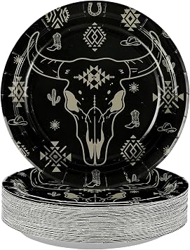 Grencian 50Pcs Bull Skull Decorations 9in Heavy Duty Disposable Western Cow Skull Desert Paper Plates For Western Southwestern Cowboy Party Supplies
