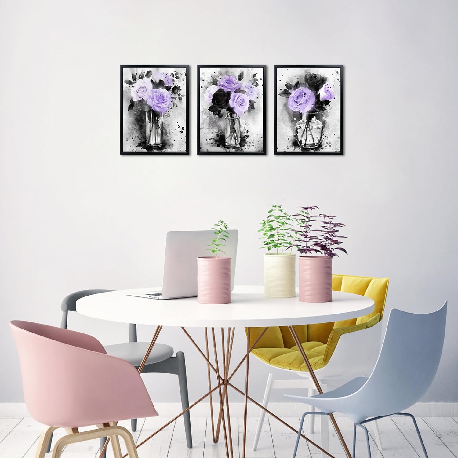 Visual Art Decor Flower Painting Floral Pictures Canvas Print, Woman Girls Bathroom Decor Bedroom Wall Decor Framed 12x16inchx3Pieces, Black Frame (Purple)