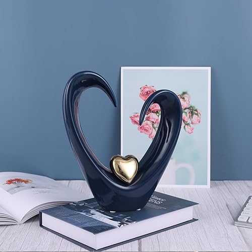 Miniatura 9 de orenm Escultura de corazón de cerámica, estatuas abstractas de decoración del hogar azul y dorado, 10.2 pulgadas para boda de pareja, decoración de