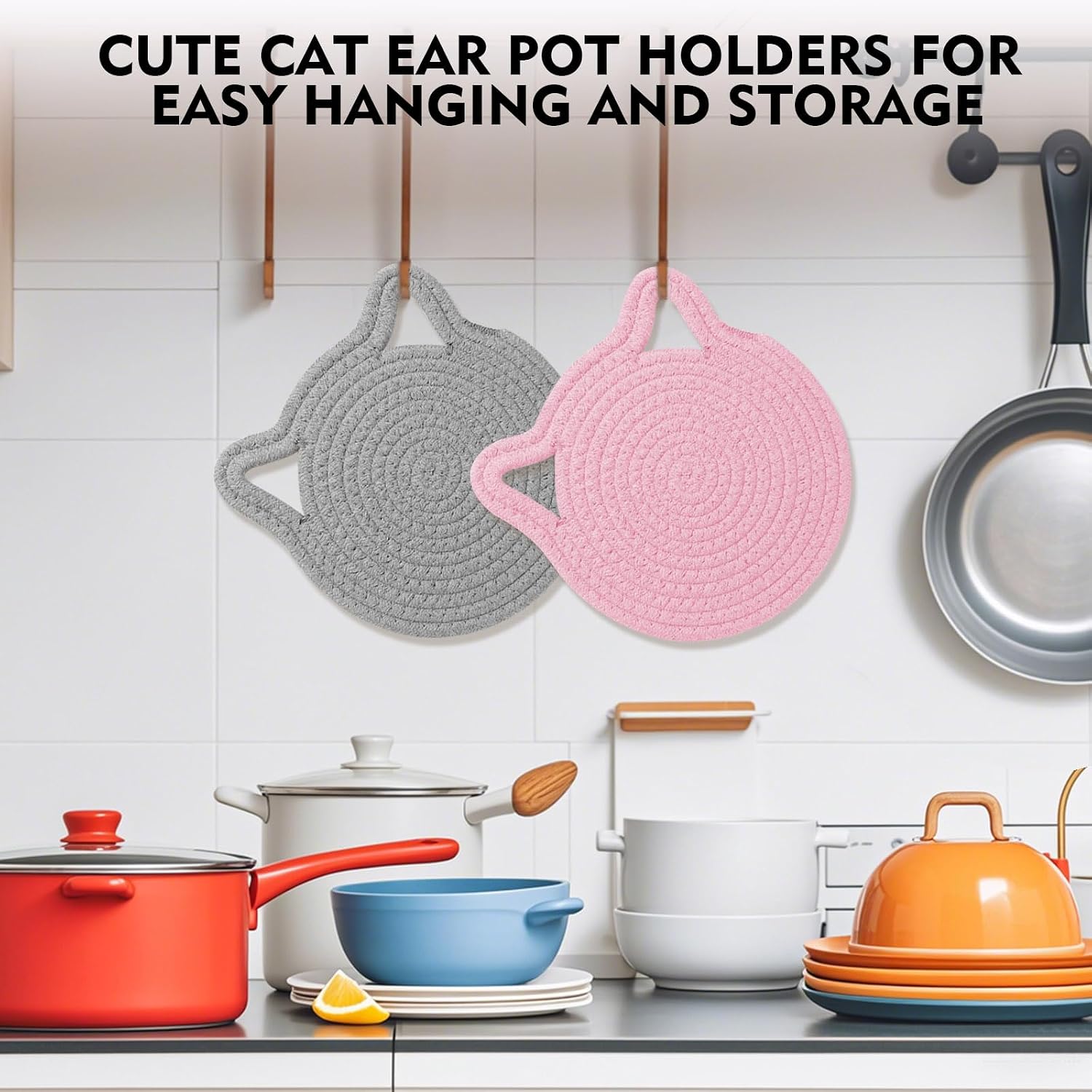 7.2 Inch Pink Cotton Trivets for Hot Pots and Pans, 2Pcs Cat Ear Trivet Set