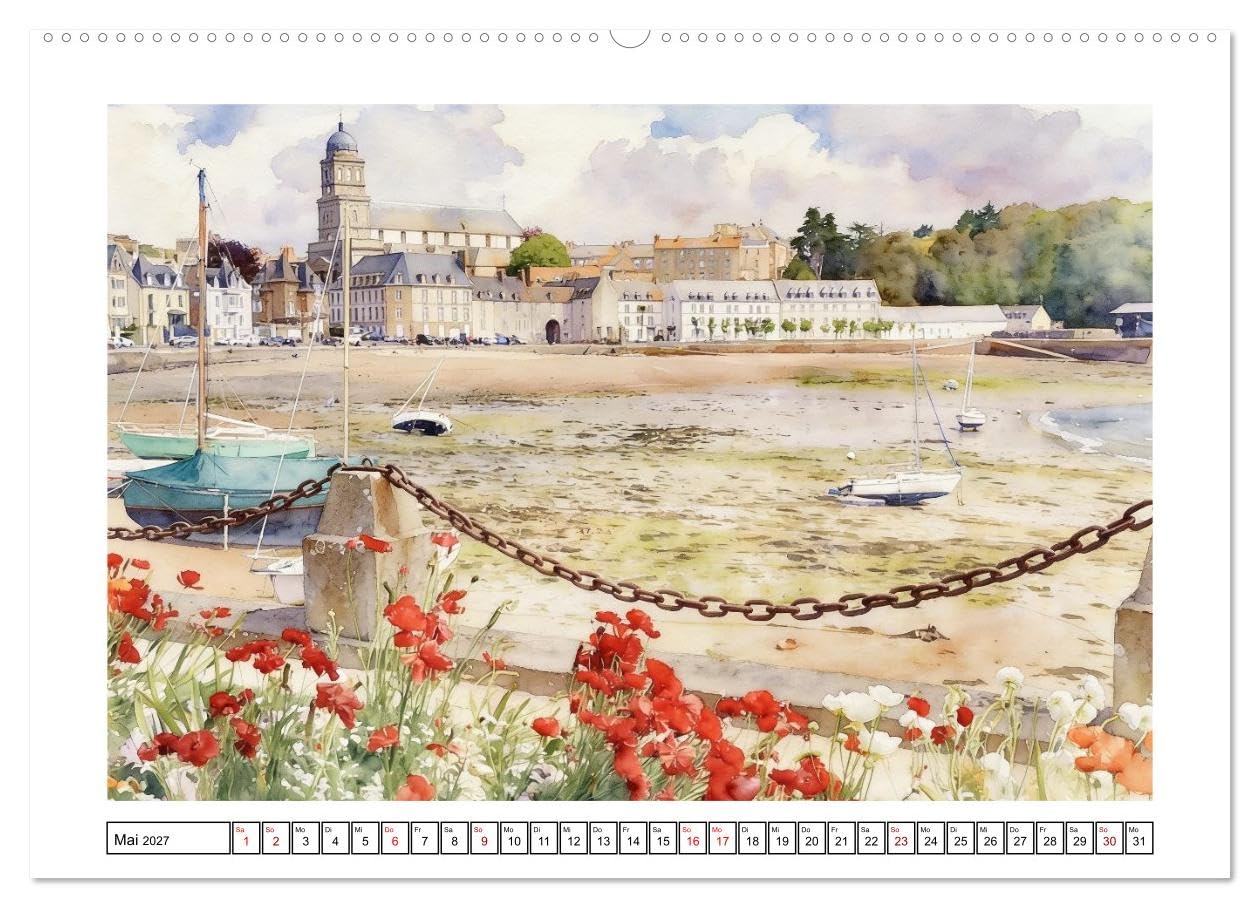 Highlights der Bretagne (hochwertiger Premium Wandkalender 2027 DIN A2 quer), Kunstdruck in Hochglanz: Schönheit der Region im zarten Aquarell-Stil (CALVENDO Orte)