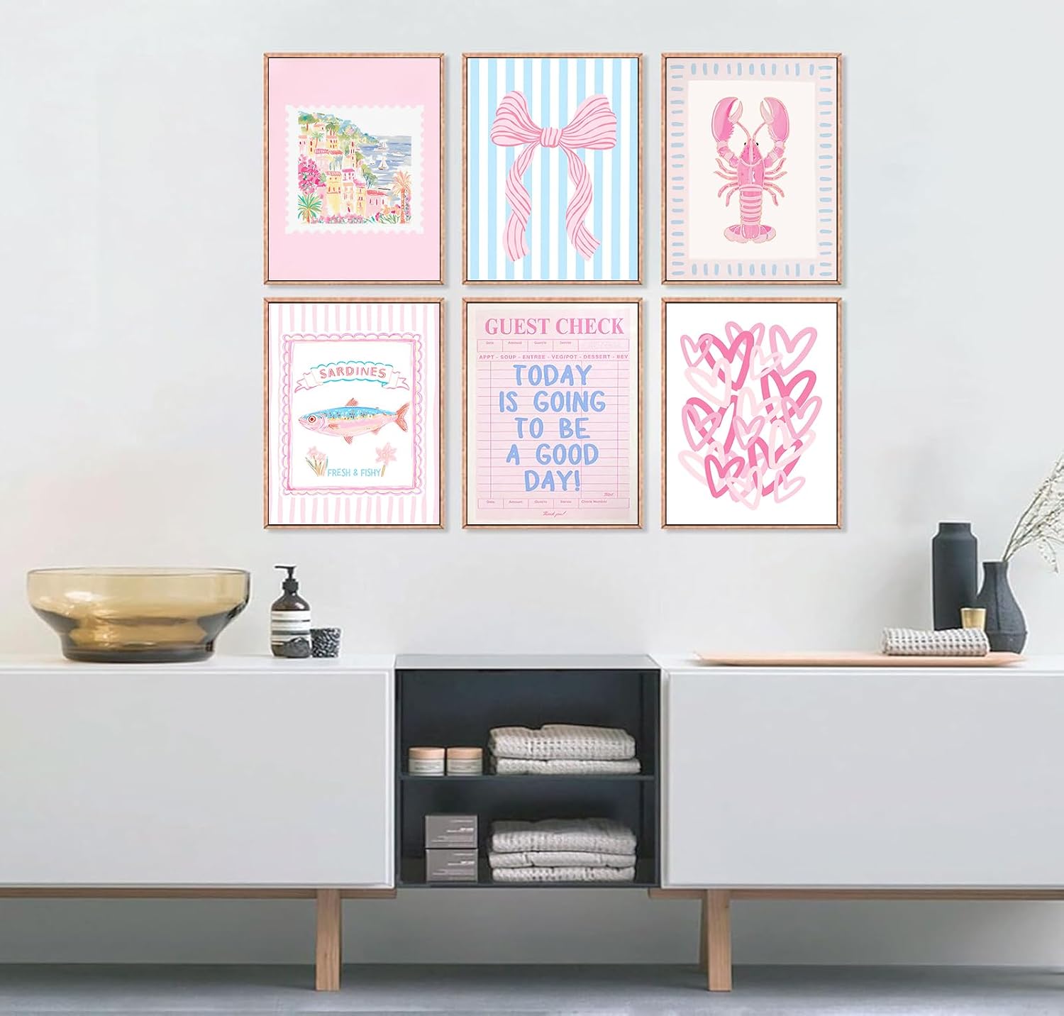 Qenundme 6pcs Coastal Coquette Wall Art Trendy Blue Pink Ocean Preppy Wall Decor Beachy Granddaughter Aesthetic Painting Pictures for Girl Room Dorm College Apartment 12x16 Inch Unframed