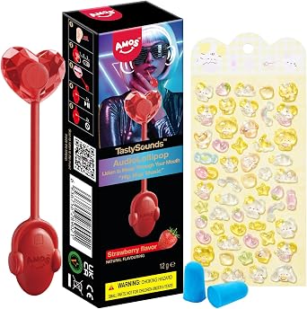 AMOS Listen to Music Lollipop TastySounds Strawberry Flavor Singing Candy Bone Conduction Technology Natural Flavor Low Sugar Gluten Free Easter Gift for Ages 4+ with Ear Plugs & 3D Stickers