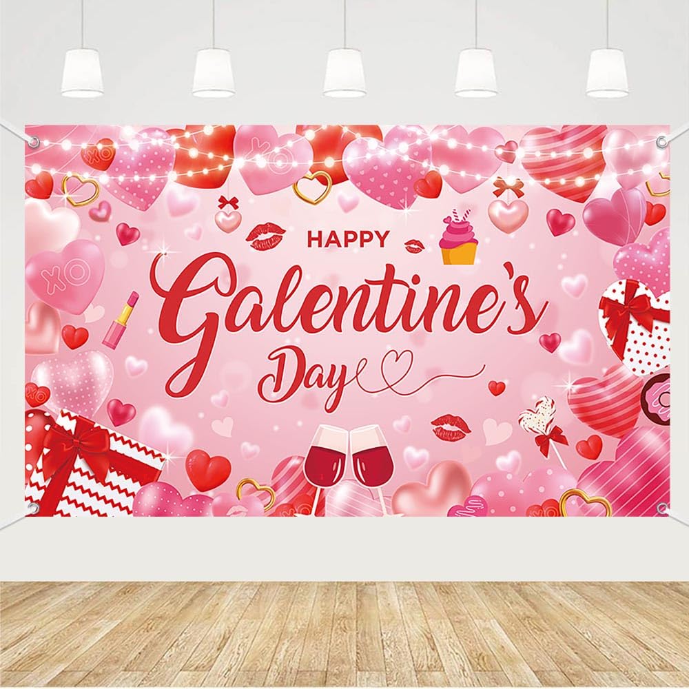 MEHOFOND 70.8x43.3 inch Happy Galentines Day Banner Backdrop Red Heart Galentines Day Party Decor Galentine's Girls Night Valentine's Party Cake Smash Photo Booth Studio Props