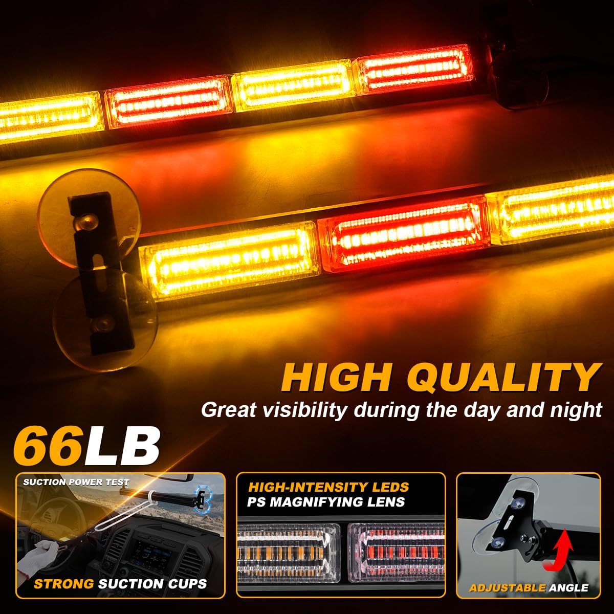 2 in 1 LED Emergency Strobe Light Bar Windshield Traffic Advisor Visor Safety Warning Hazard Flashing Lights for Firefighter Police Trucks Vehicles 2x17.7, Amber/Red