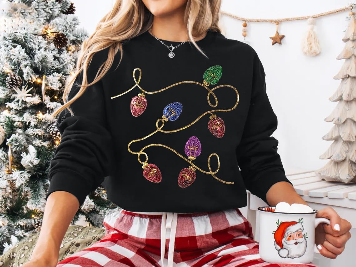 BANGELY Christmas Sequin Sweatshirt Women Christmas Light Sweatshirts Xmas Long Sleeve Shirts Holiday Crewneck Pullover Tops - Image 6