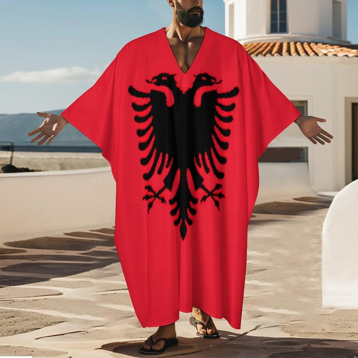 Vintage Albania Albanian Eagle Flag Men's Kaftan Thobe V-Neck Long Gown Loose Robe