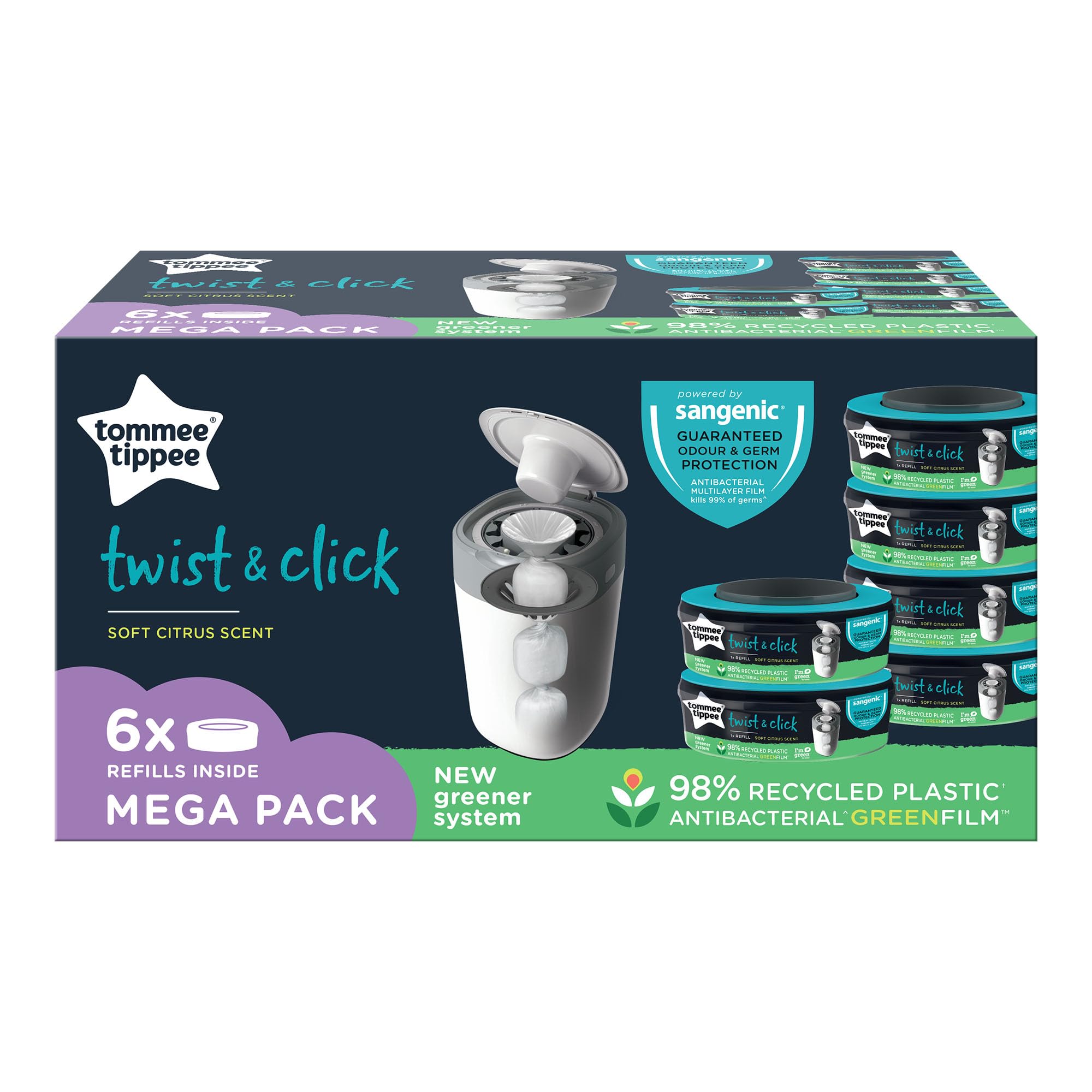 Tommee Tippee Twist and Click Advanced Nappy Bin Refill Cassettes, Multilayer, Antibacterial Film, Pack of 6