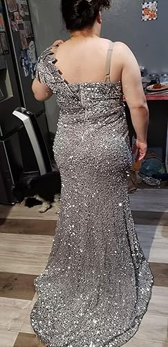 Miniatura 4 de Vestido de fiesta de sirena con lentejuelas 2025 largo con un hombro y cuello en V, vestidos de noche brillantes formales para mujeres con abertura