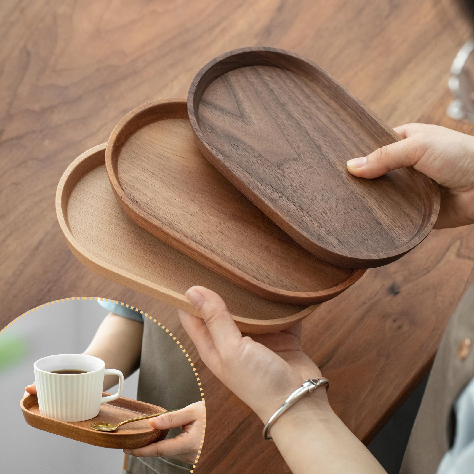 Vandroop Mini bandeja de madera para servir para fiestas, bandeja de mesa de té y café, plato de madera ovalado pequeño para frutas y aperitivos, bandeja decorativa para joyas, llaves, monedas,