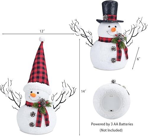 Miniatura 4 de Paquete de 2 decoraciones de mesa de Navidad, muñecos de nieve de felpa iluminados de 14 pulgadas con ramitas de cono de pino, regalo navideño de