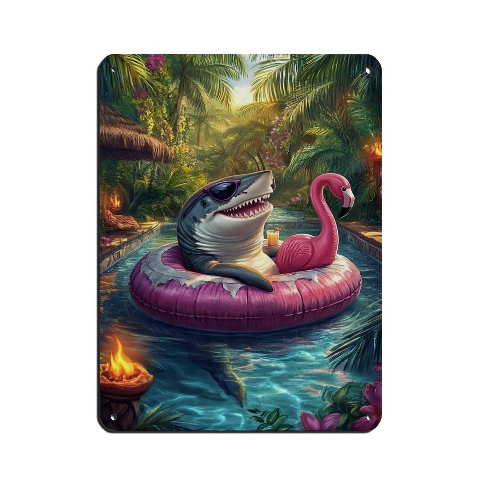 Shark on Flamingo Float Tropical Paradise Retro Poster Metal Tin Sign Chic Art Retro Iron Painting Bar People Cave Cafe Family Garage Poster Wall Decoration 12x16inch(30x40cm)