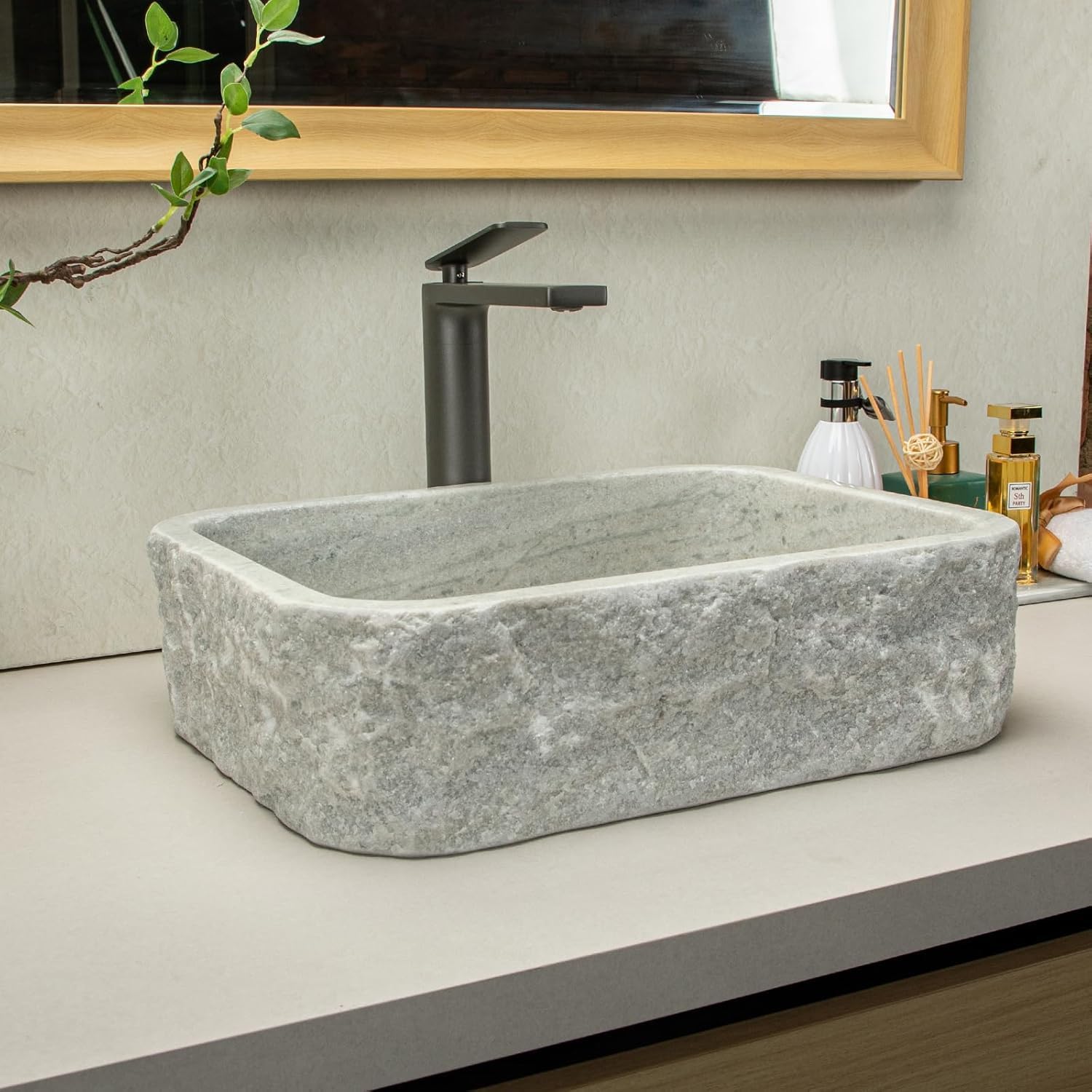 100% Handcrafted Stone Vessel Sink with Rectangular White Striped Design - Rustic Farmhouse Style for Bathroom Vanity or Countertop Medium Sized