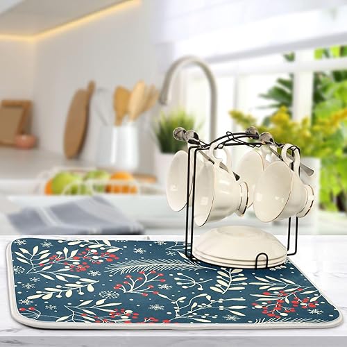 Miniatura 5 de Tapete de tela para secar platos con hojas de invierno, copos de nieve, tapete para mostrador de platos de cocina, tapete de secado de platos mate,