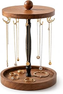 Rotating Necklace Holder, Wooden Necklace Organizer with 12 Hooks and Tray