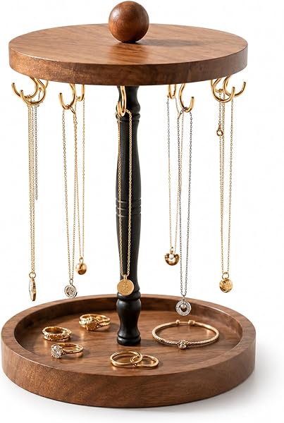 Rotating Necklace Holder, Wooden Necklace Organizer with 12 Hooks and Tray