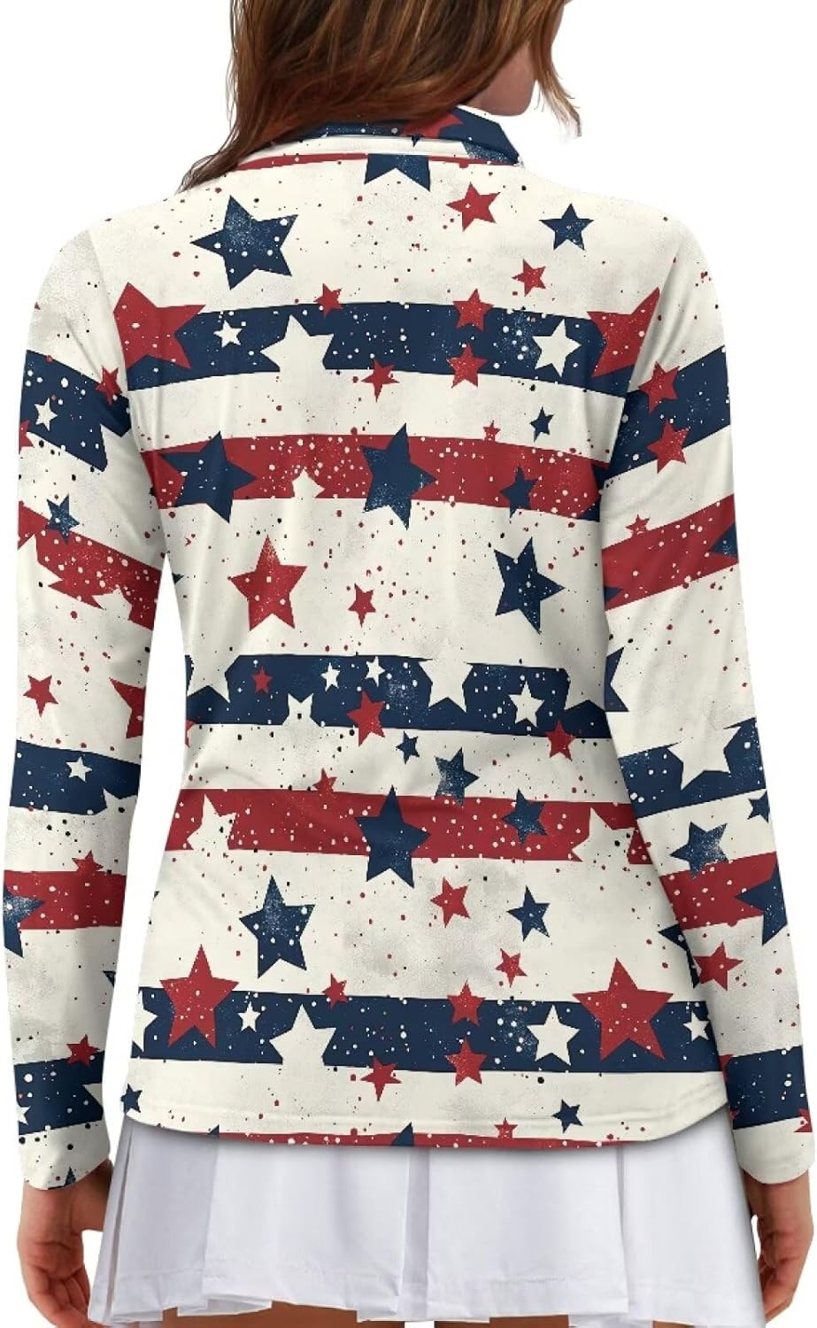 Boatee Patriotic Star Golf Shirts for Women Athletic Long Sleeve Shirts Lightweight with Collar Shirt Machine Washable for Golf,Tennis,Hiking,Running,Gym