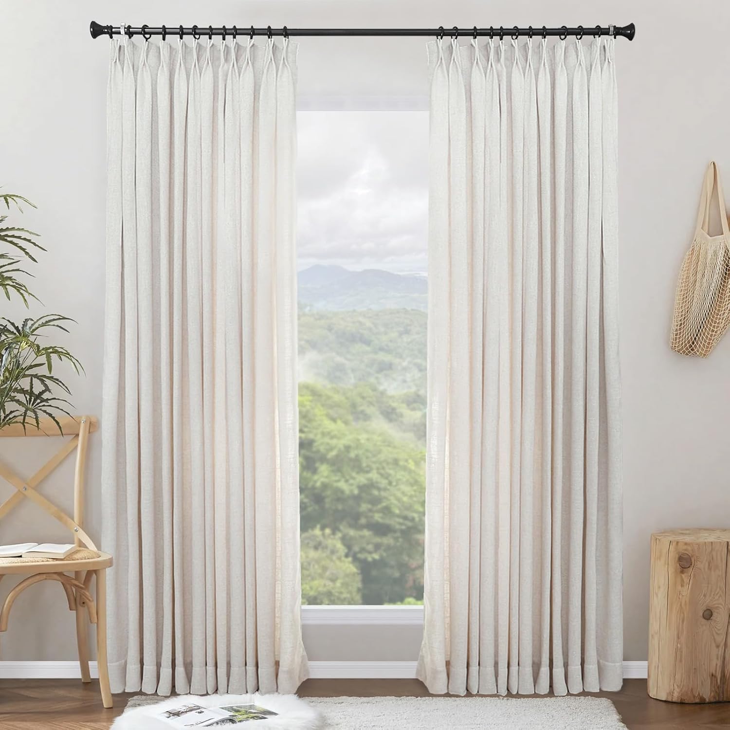 Pinch Pleat Curtain, 100 W x 96 L inch Room Darkening Cotton Linen Curtain Drape Panel for Living Room and Silding Door (Set of 2, Beige)