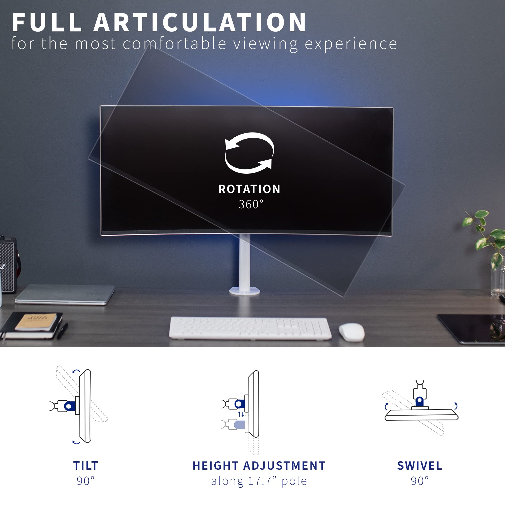 VIVO Support de bureau robuste pour écran LCD de 33 à 38 pouces, peut contenir 1 écran standard à ultra large jusqu'à 96,5 cm, blanc, STAND-V001CW