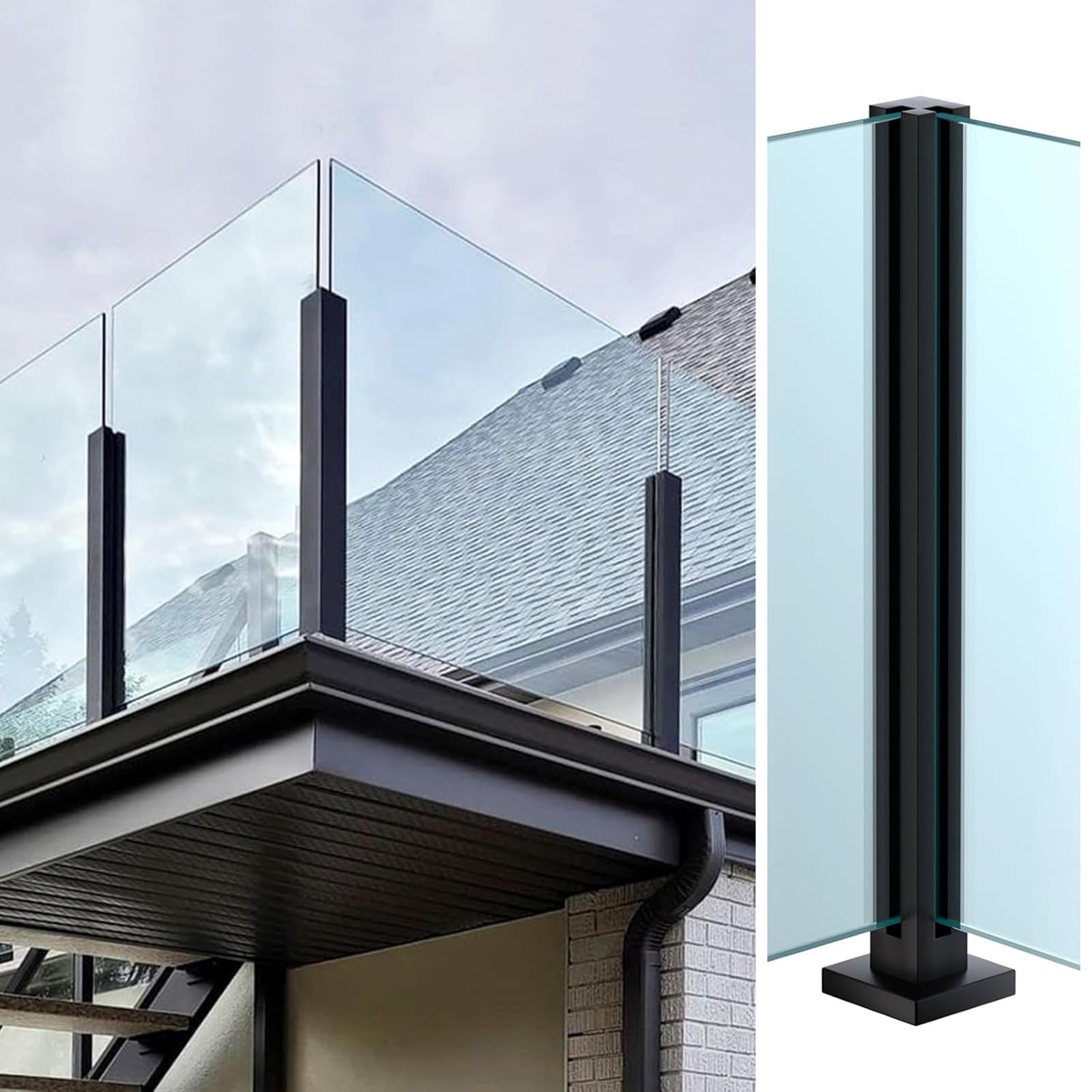 Paletto per ringhiera in vetro pesante, in acciaio inossidabile 304, per vetro, legno, PVC, con fessure per perno e base robusta, per balcone, scala, terrazzo, patio,Black~corner post,95cm