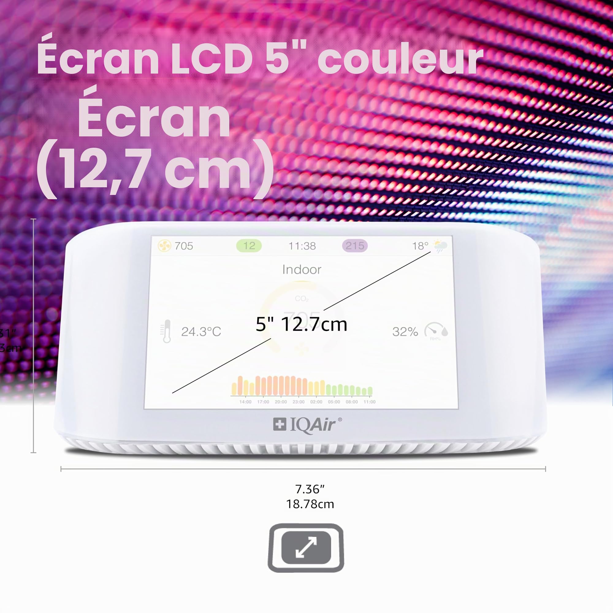 IQAir Moniteur de qualité de l'air intérieur [PM2.5, AQI, detecteur co2, testeur humidité, capteur CO2, capteur Temperature connecté], Air Quality Monitor [Wi-FI, WLAN, App, 5” Display (12.7 cm)]