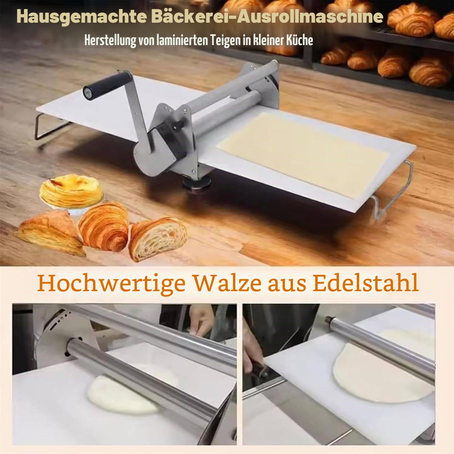 Faltbare Teigausrollmaschine – Manuelle Teigausrollmaschine mit einstellbarer Teigstärke, Ausrollbrett für Pizza, Croissants, Gebäck und Fondant, Tischgerät,Rs101