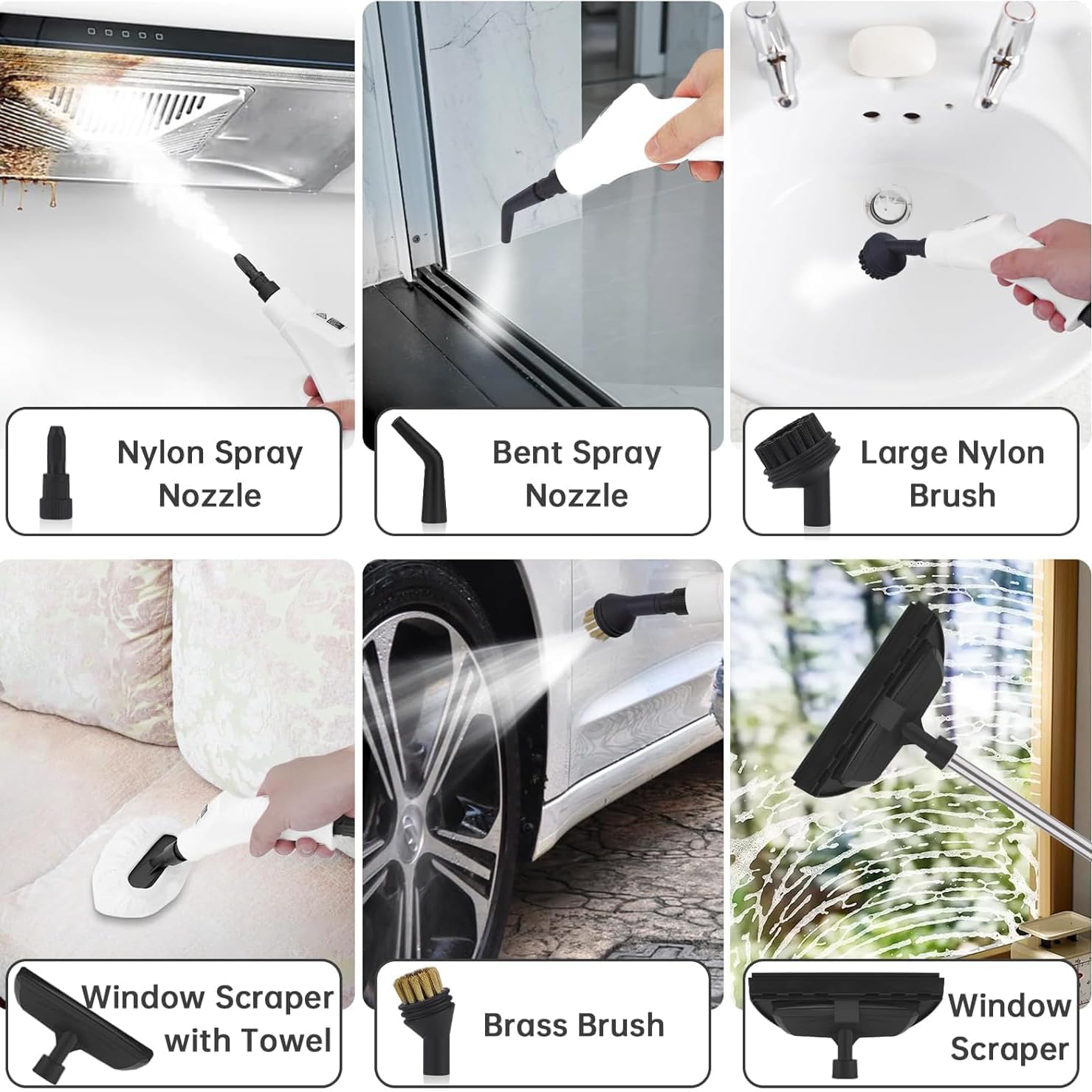 A collage of images showing various attachments of the steam cleaner in use, including nylon spray nozzle, bent spray nozzle, large nylon brush, window scraper with towel, brass brush, and a standard window scraper.