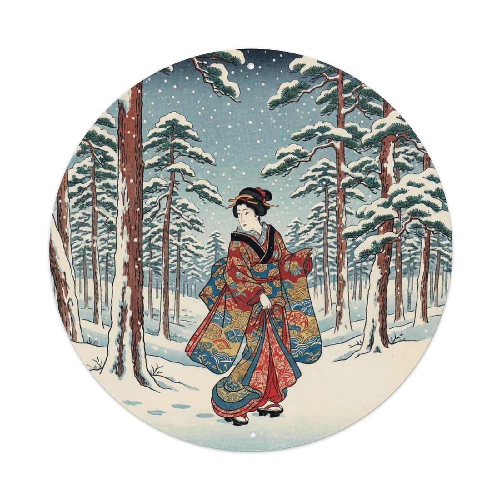 Japanese Geisha Snow Pine Forest Walking Tranquil Metal Tin Sign