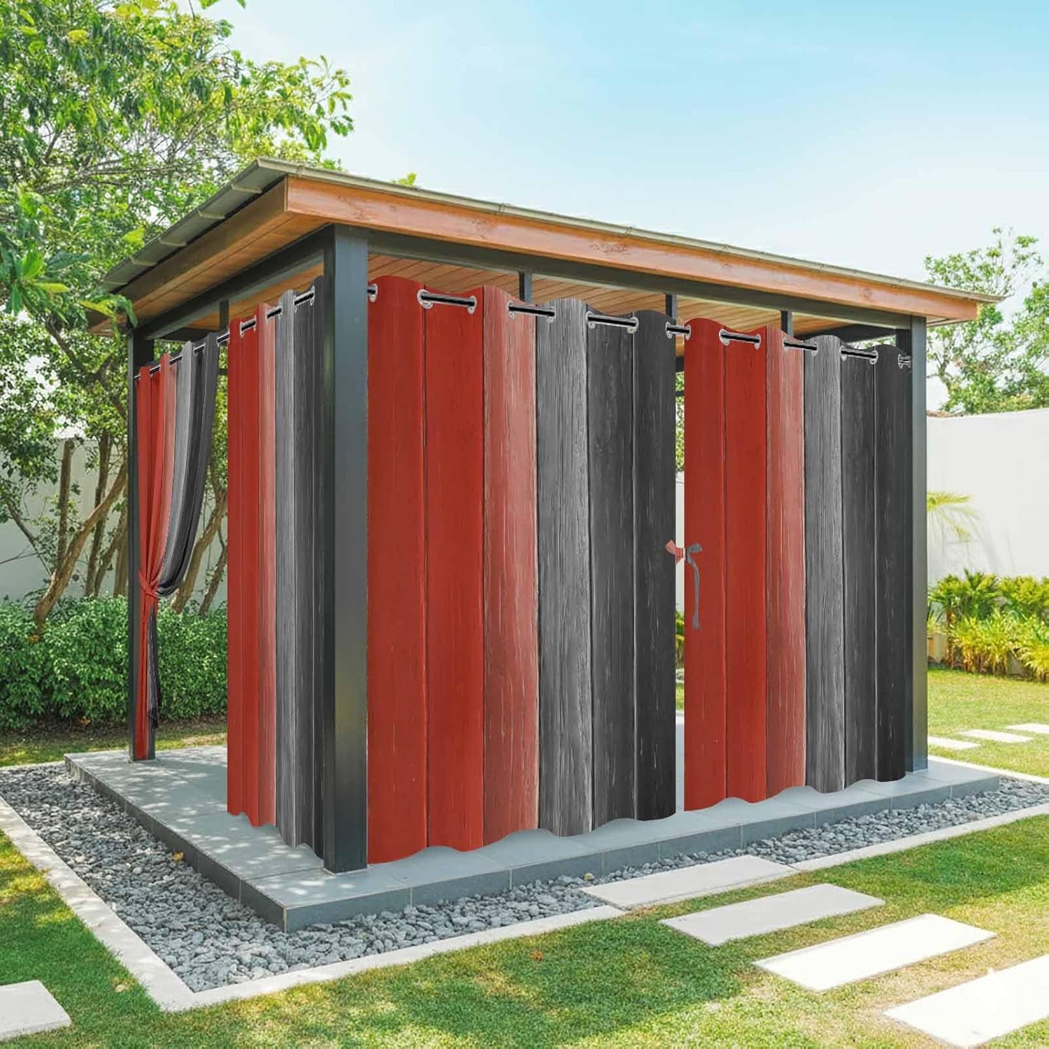 Outdoor Curtains for Patio Waterproof Weatherproof Red Black Ombre Porch Curtains for Outside Sun Blocking Vintage Farmhouse Wooden Grommet Privacy Drapes for Pergola Gazebo Cabana, 1 Panel,54"Wx84"L