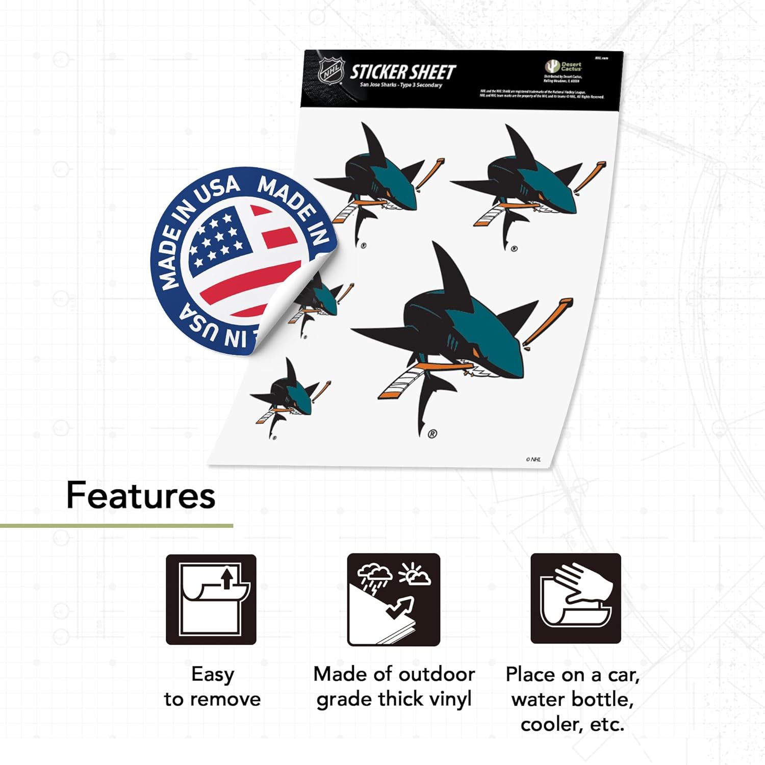 Desert Cactus San Jose Sharks Sticker NHL Team National Hockey League Vinyl Decal Laptop Water Bottle Car Scrapbook Sheet (Type 3 - Secondary)
