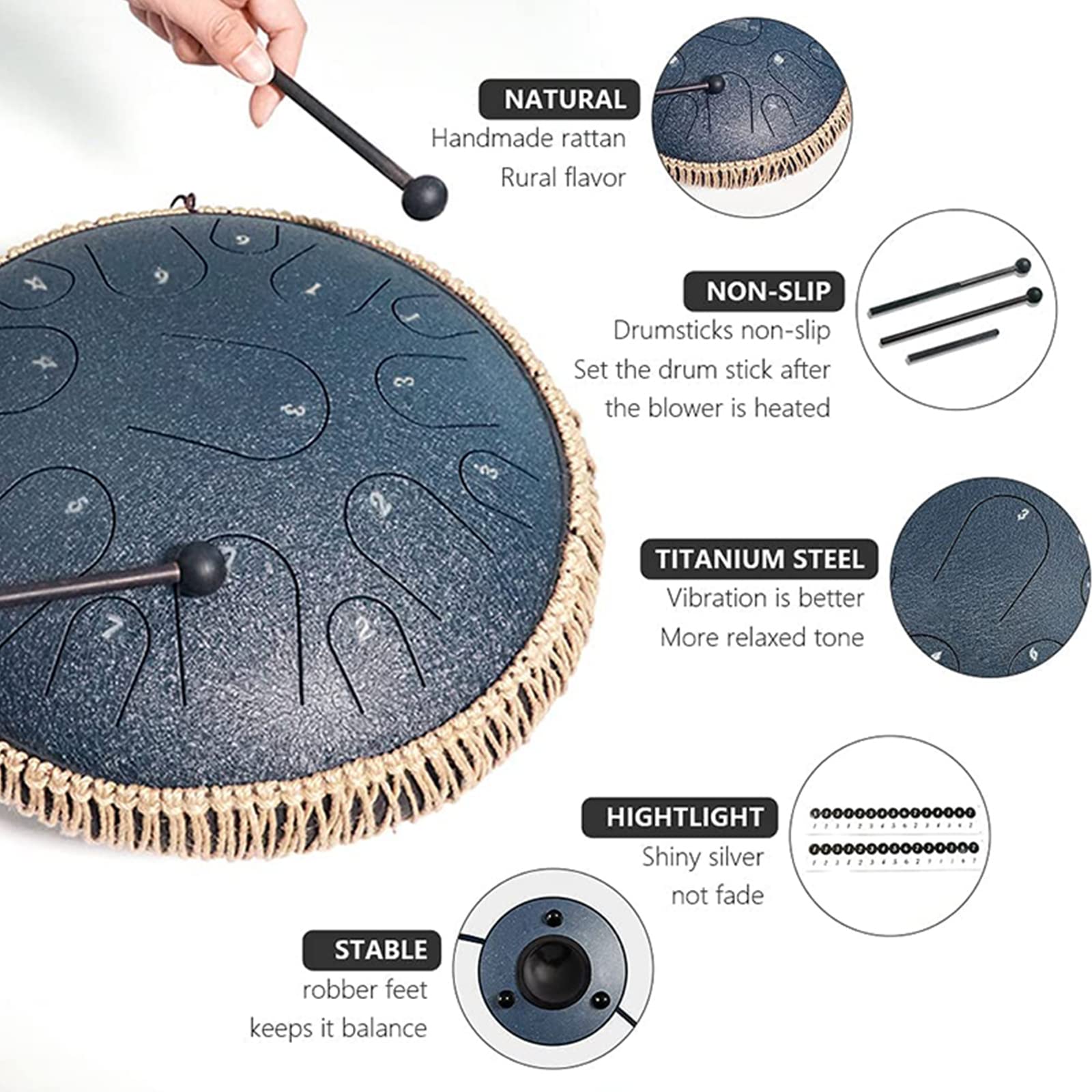 Handpan, Tambor De Lengua De Acero, 14 Pulgadas 15 Tonos Steel Tongue Drum con Llave D Kit De ​con Mazos De Tambor Pegatinas De Notas Palillos De Dedos Soportey Bolsa De Concierto