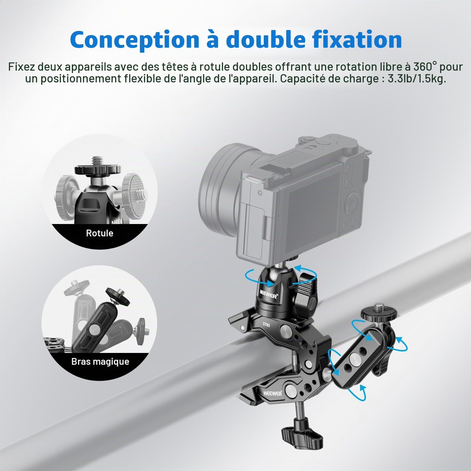 Neewer Super Pince avec Bras Magique à Double tête sphérique de 7,6 cm, Adaptateur de tête sphérique, Griffe, Support, Support de Pince pour caméra d'action pour Surface Plate/Ronde