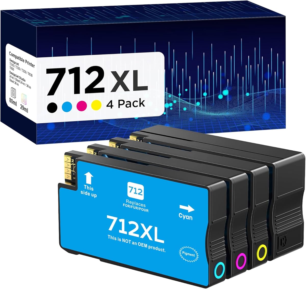 712XL 712 Ink Cartridges High Yield Compatible Replacement for HP 712XL 712 XL 712 Ink Cartridges for DesignJet T650 T630 T230 T210 Studio Plotter Printer (4 Pack, Black, Cyan, Yellow, Magenta)