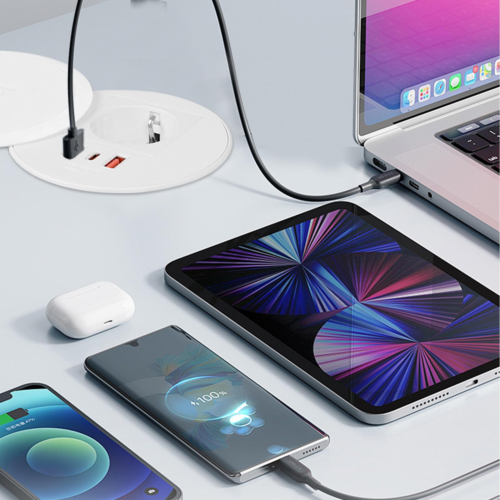 Presa da tavolo con USB C+USB A, presa da incasso, prolunga da incasso con cavo da 1,8 m, presa desktop, prese incassate, 1 tipo C, 2 USB A passaggio cavo, (Bianco con ricarica wireless)