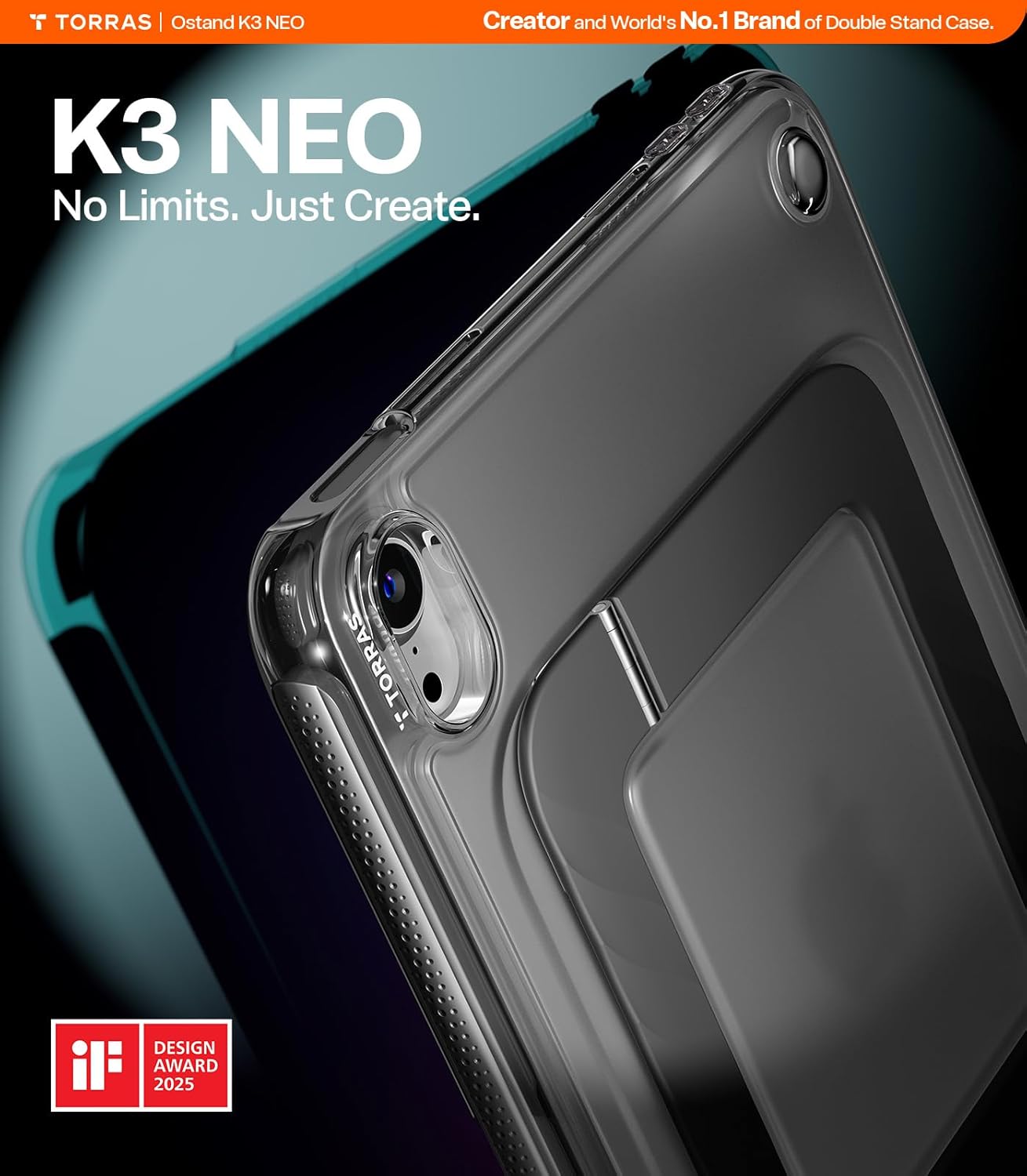 TORRAS Ostand K3 Neo for iPad mini 7 A17 Pro Case, iPad mini 6 case, Viewing Angles Adjustable, Ultra Stable Stand, Shockproof Protective Slim Kickstand Case with Pencil Holder, Obsidian Black - Image 2