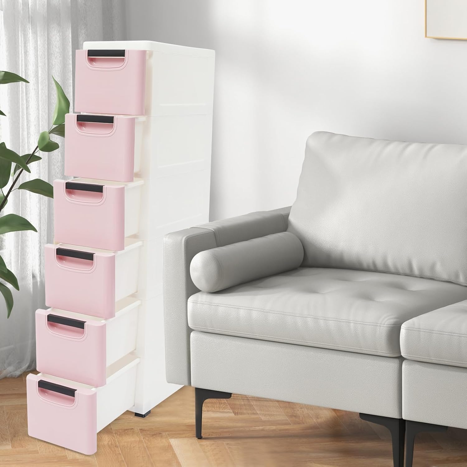 6 Drawers Storage Cart Rolling Storage Drawer Cart Narrow Plastic Dresser Rolling Organizer Cart Storage Unit on Wheels Bathroom Art Craft Supplies Mobile Slim Utility (Dark Pink)