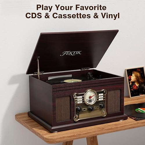 Miniatura 7 de Tocadiscos Bluetooth 10 en 1, tocadiscos de 3 velocidades con altavoces, entrada y salida Bluetooth, CD, casete, radio FM, transmisión inalámbrica