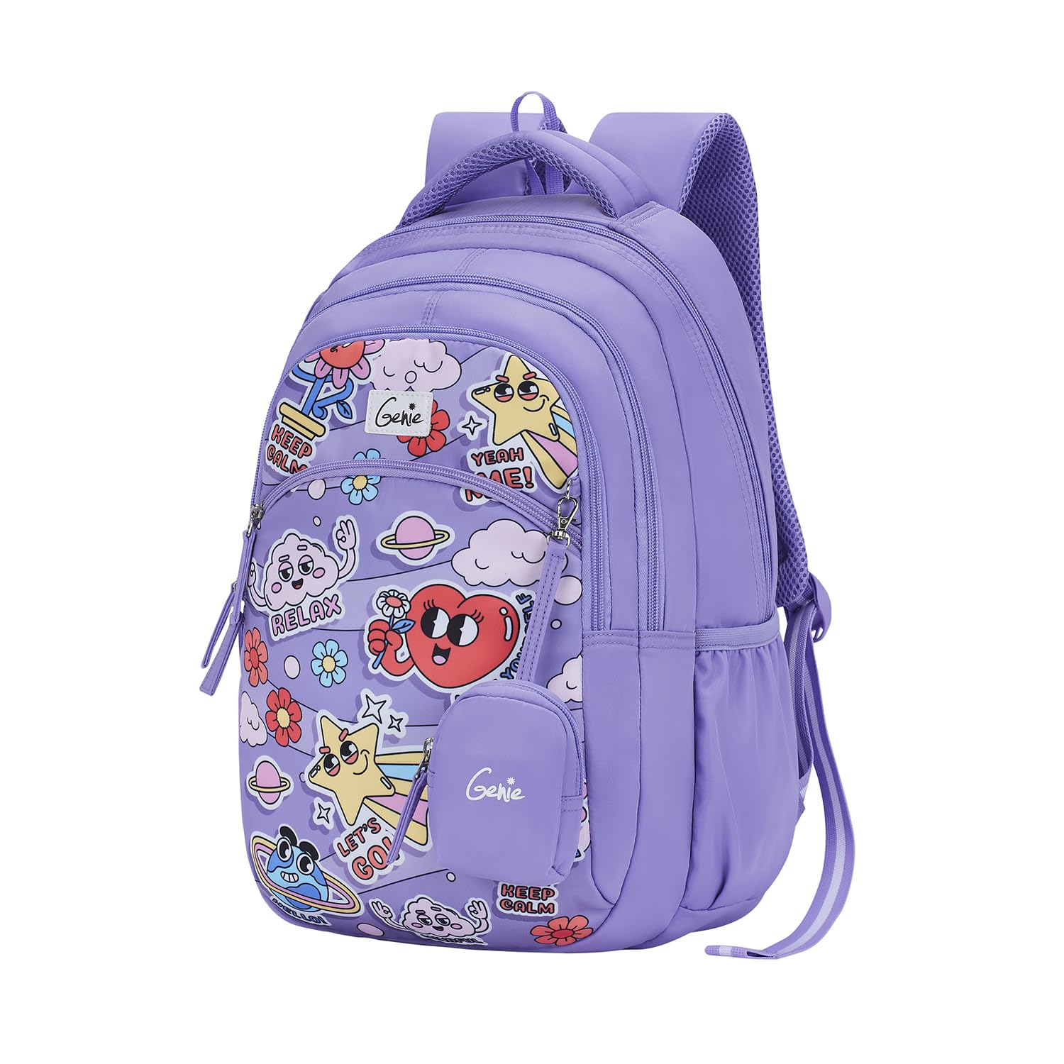 Genie Pearl School Backpack for Girls |17 In-27 Ltr with Three Compartments, Side Pockets and Light Weight with Padded Shoulders |Best for Books,Stationery, Lunch Box & Essentials - Purple
