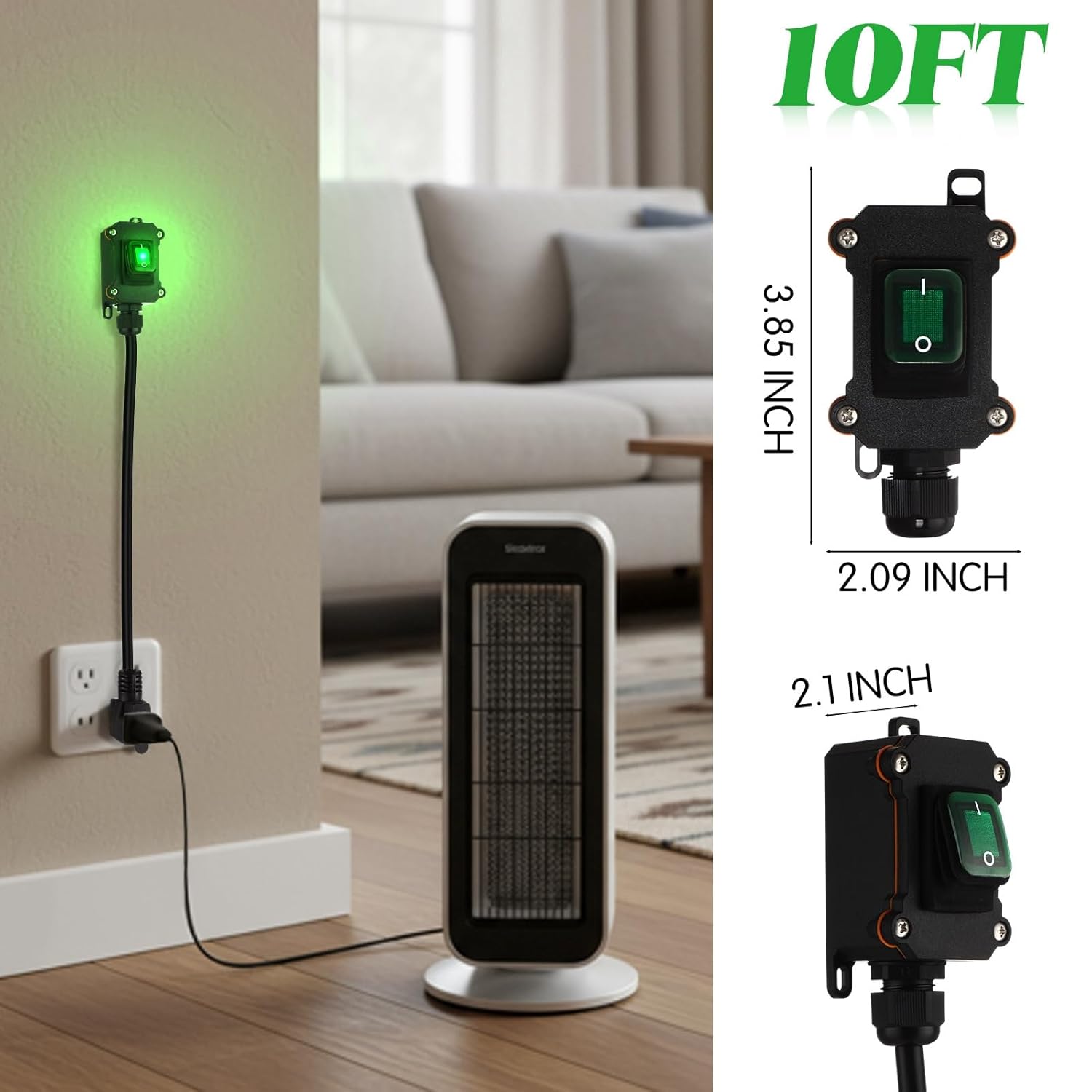 Kanayu Inline Switch Extension Cord 14awg 3-Prong Piggyback Plug, Ip67 Waterproof Extension Cord with Switch On/Off, Ac/dc 20a-125v with Green LED Outdoor Rocker, Etl Listed(Black,10ft,12awg)