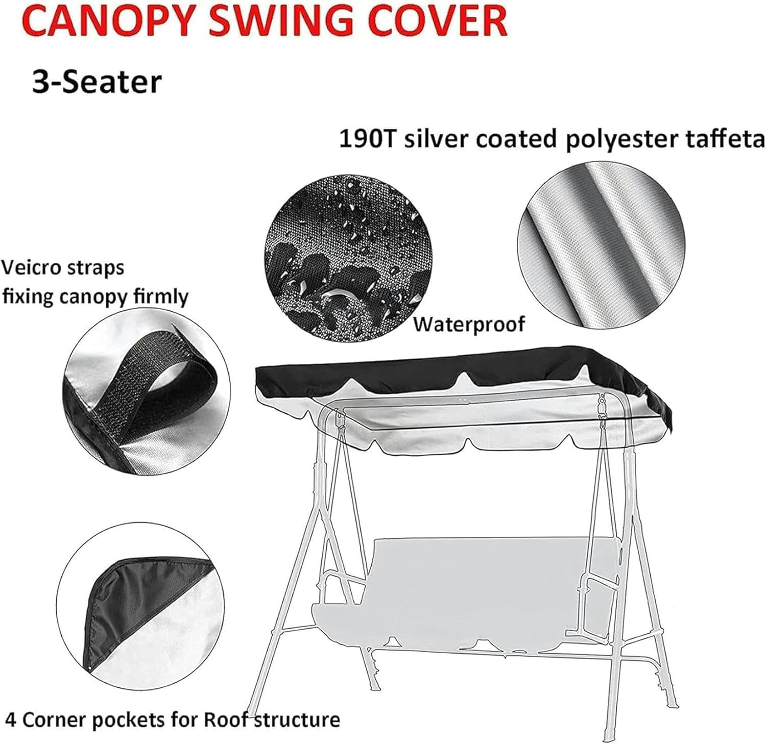 Patio Swing Canopy Waterproof Top Cover Set 7 Swing Cushion Cover 3 Seater, Waterproof Garden Seater Sun Shade Porch Hammock Patio Swing Cover., Blue