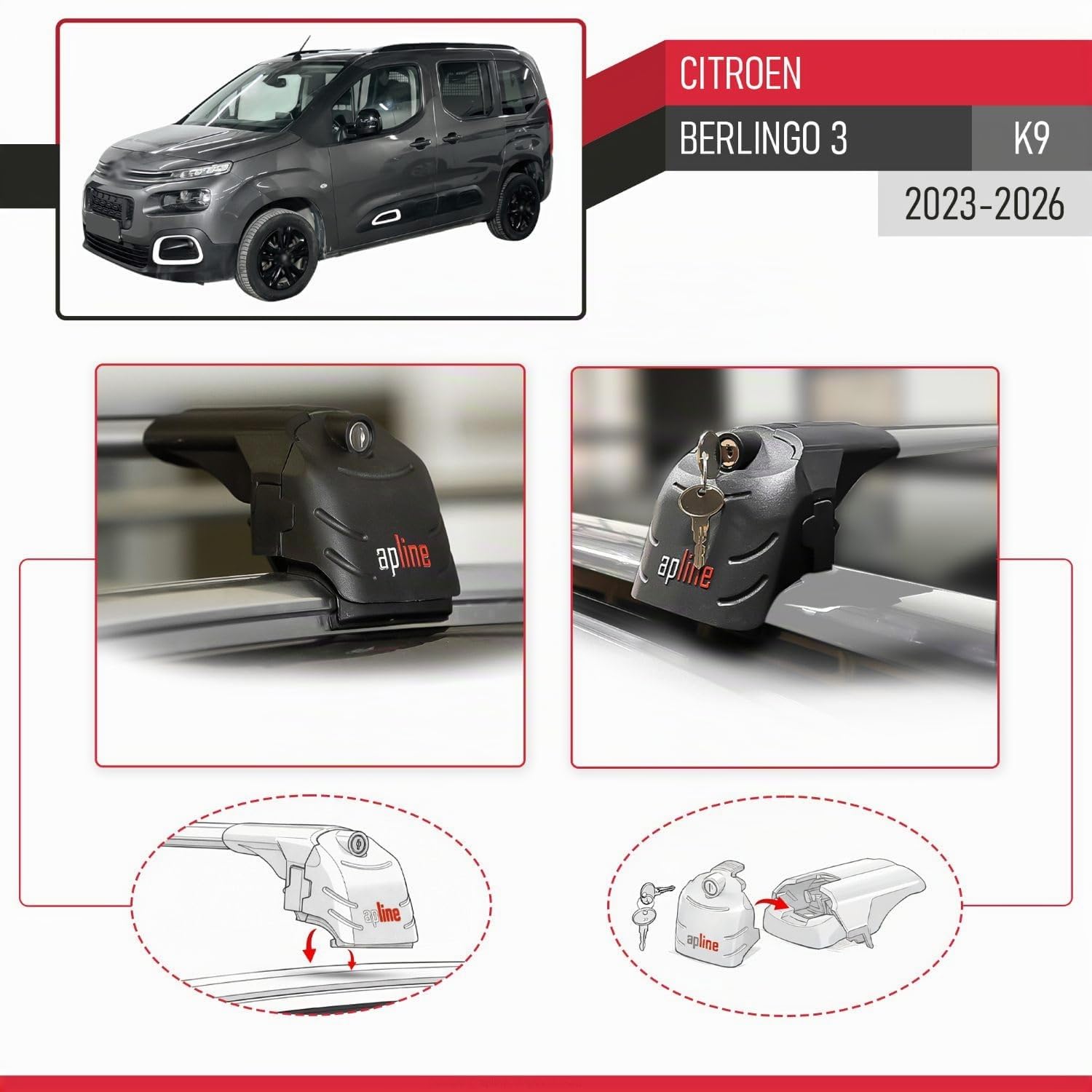 Compatible con Citroen Berlingo 3 (K9) 2023-2026 Modelo Ace-2 Barra de Techo Auto Portaequipajes Barras Transversales Gris Aluminio 2 Barras