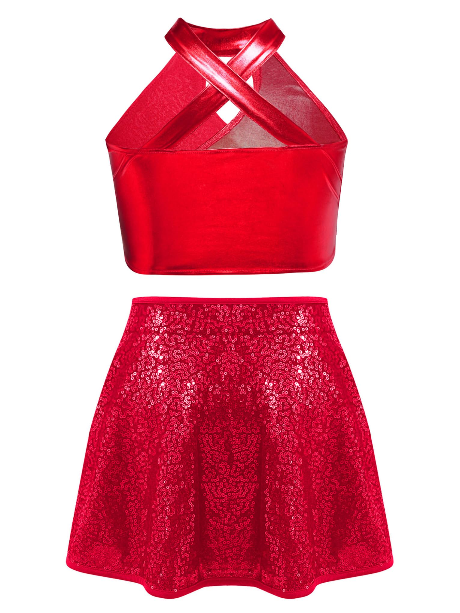 Jan Jean Kids Girls Sequin Hip Hop Jazz Latin Dance Outfits Shiny Metallic Cross Back Crop Top with Sequins Skirts Set Red 12 Years