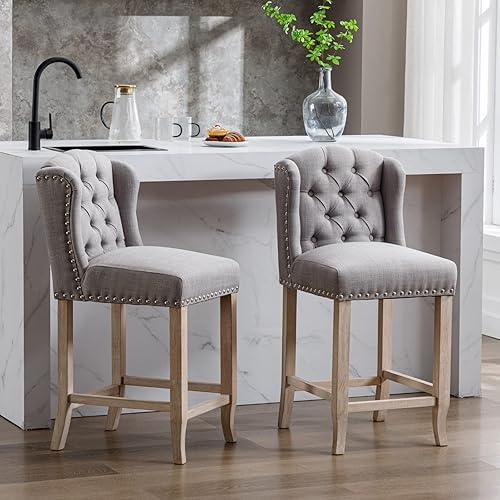 Miniatura 6 de LukeAlon Juego de 2 taburetes modernos de lino de 26 pulgadas de altura, taburetes tapizados con botones con patas de madera maciza, sillas de bar