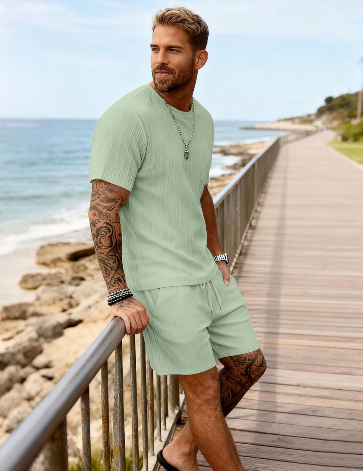 Bealin Men's Summer Beach Outfits 2 Piece Vintage Short Sleeve T Shirts and Shorts Vacation Texture Sets - Image 3