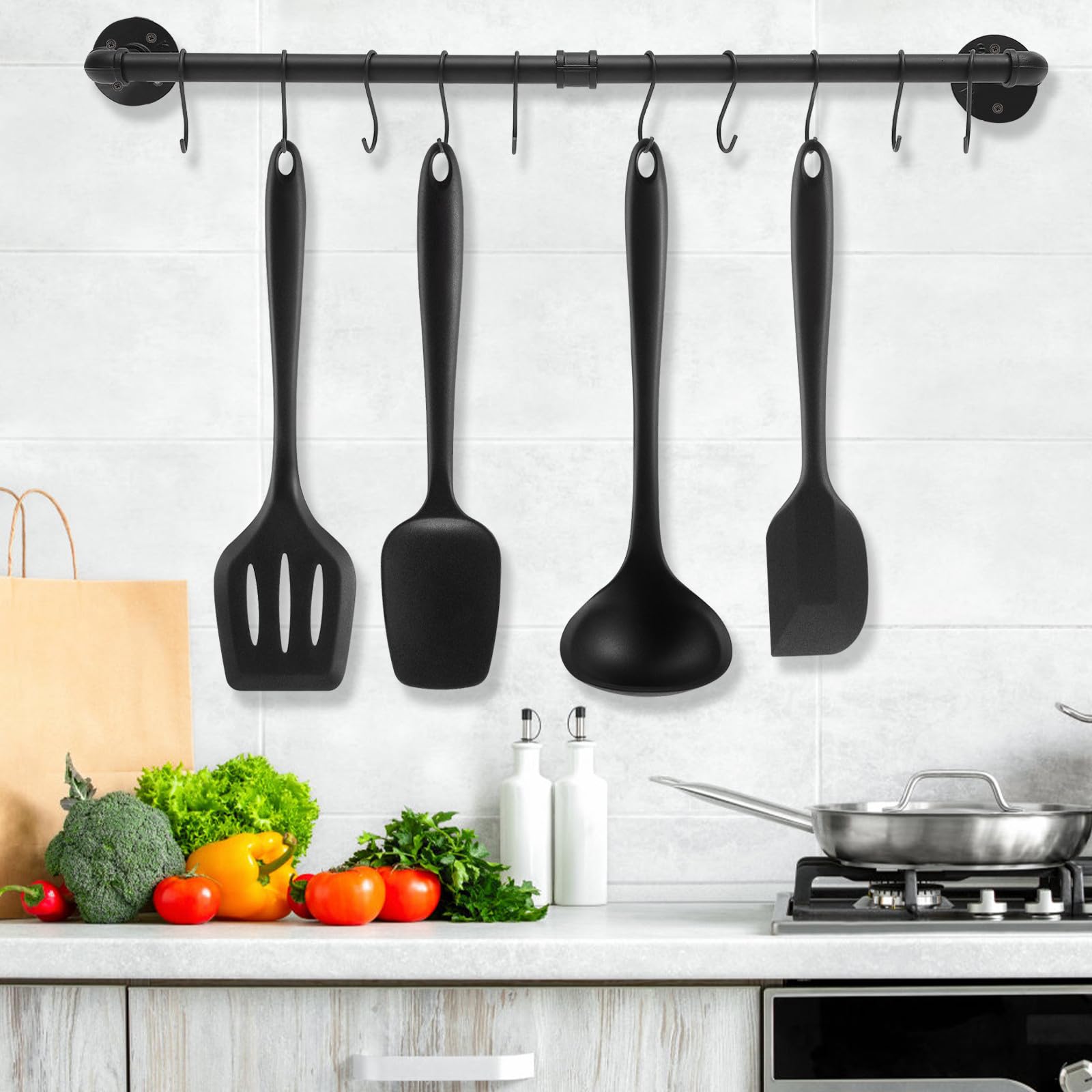 Luxshiny Support à Casseroles et Poêles Mural en Fer Noir avec Crochets Robustes, Design Industriel Unique Cuisine à Domicile, Rack Suspendu Pratique et Solide