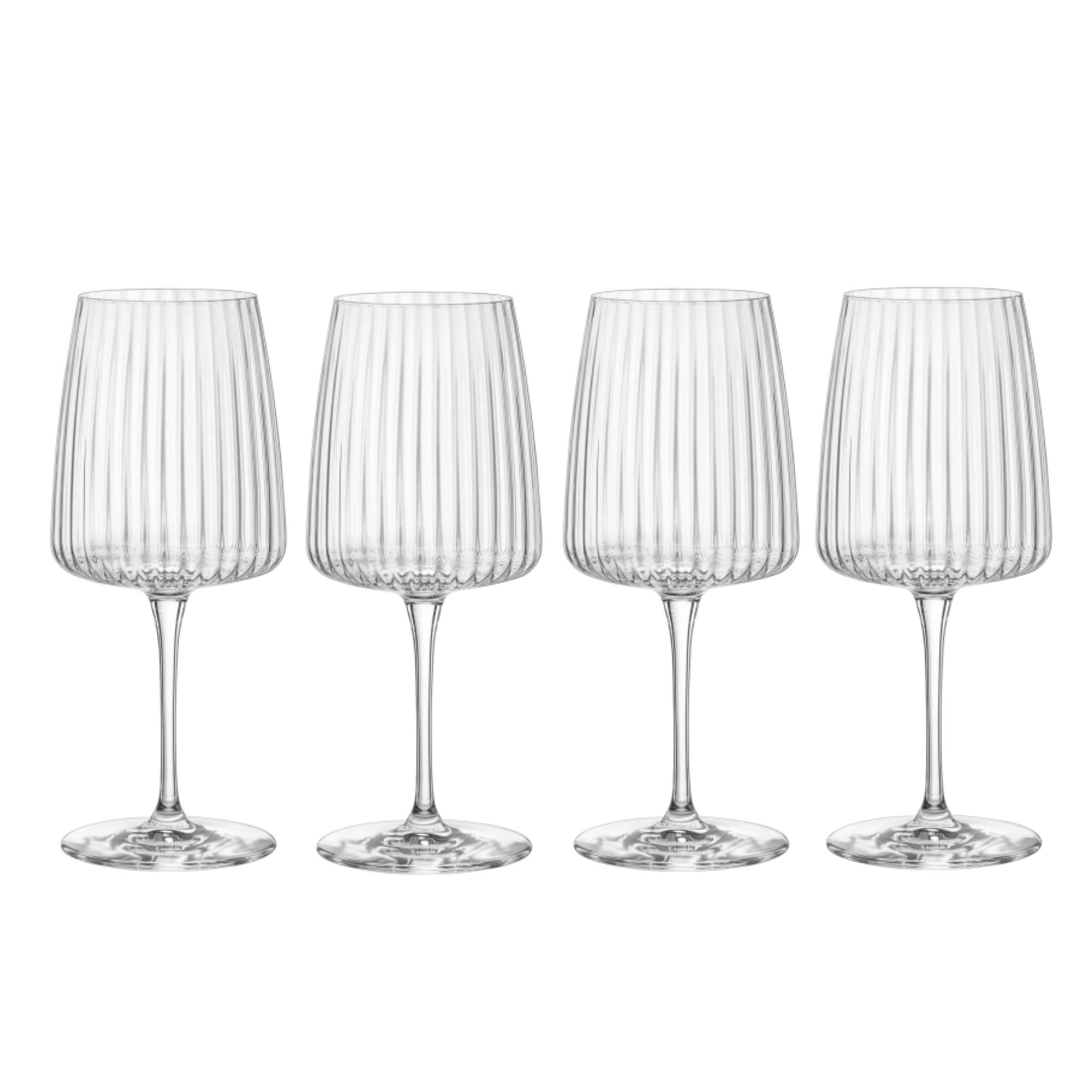 Bormioli Rocco Exclusiva Merlot Gläser, 4er-Set - 510 ml gerippte lange Stiel-Sternglaskelche mit XLT verstärkten Stielen - italienisches Rotwein-Trinkgeschirr - spülmaschinenfeste Kristallgläser