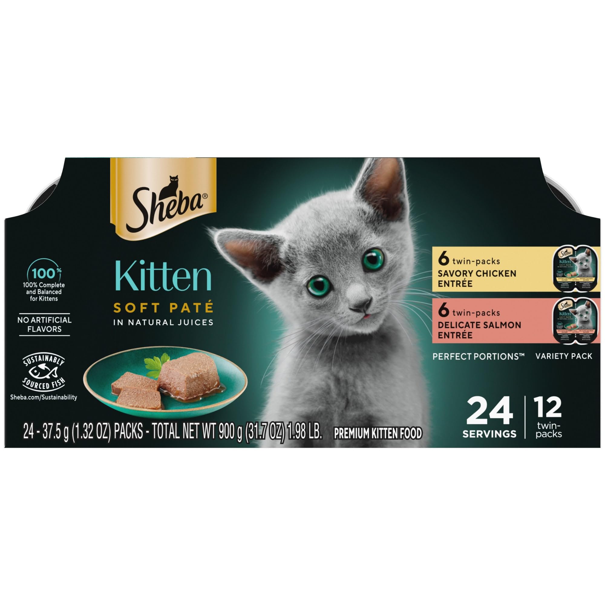 Sheba Perfect Portions Soft Pate Wet Kitten Food Variety Pack (Chicken, Salmon), 2ea/2.65oz.