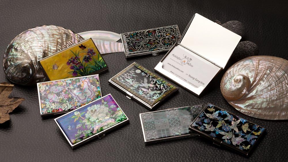 Antique Alive Mother of Pearl Design RFID Blocking Protection Business Card Case, Credit Card Holder, Metal Name Card Case, Stainless Steel Engraved Slim Purse Pocket Cash Money Wallet (Pink Lotus)